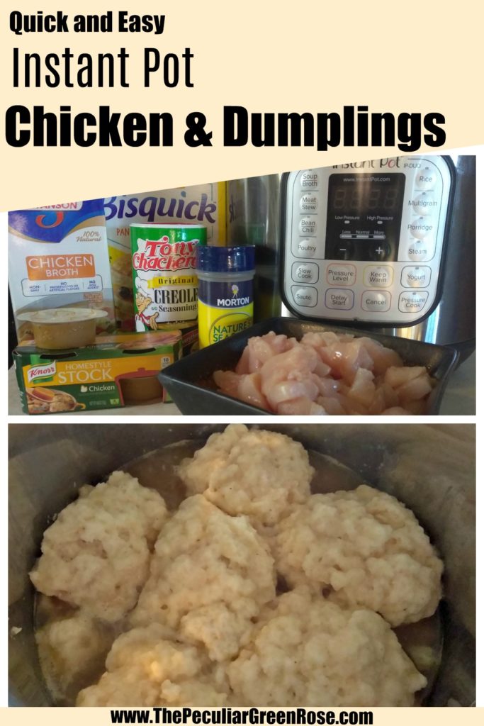 In one picture is an Instant Pot, uncooked chicken, seasoning, chicken broth, and bisquick. In the second picture is cooked dumplings inside of and instant pot.