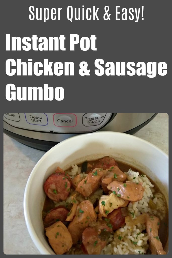 A picture of a cooked bowl of chicken and sausage gumbo sitting in front of an Instant Pot.