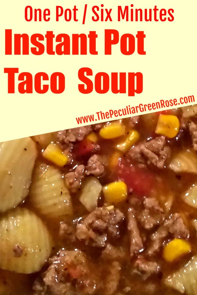 delicious taco soup with ground turkey, noodles, corn, and tomatoes