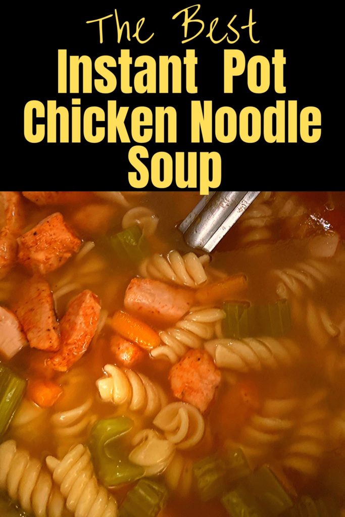 An Instant Pot filled with chicken noodle soup and a large metal spoon.