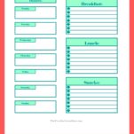 A meal planning printable with boxes for the days of the week on the left side and boxes for breakfast, lunch, and snacks on the right side.