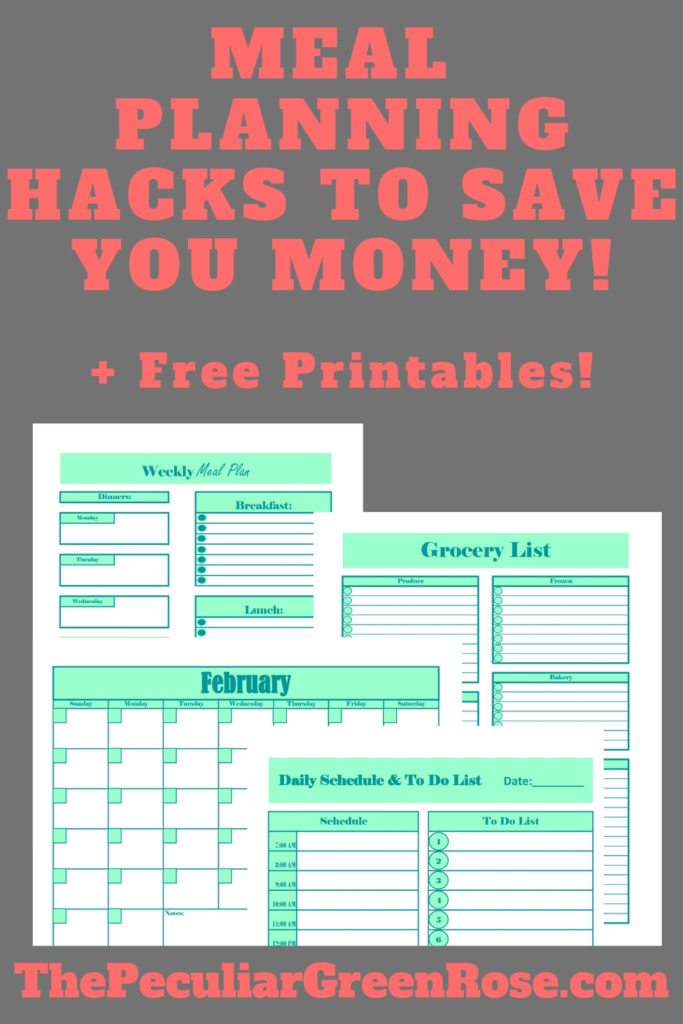 pictures of multiple printables. One for a Weekly Meal Plan, grocery list, daily schedule and to do list, and a blank yearly calendar
