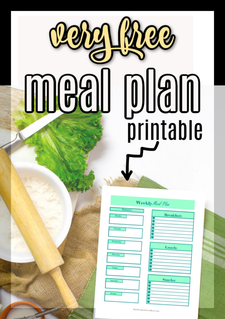 Groceries on a counter with a Free Meal Plan Printable.