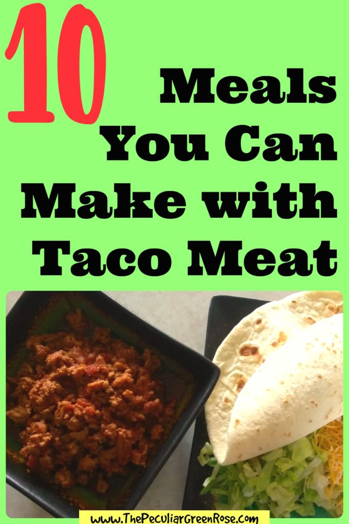 Bowl of cooked ground taco meat. A side plate with shredded lettuce, cheese, and a tortilla.