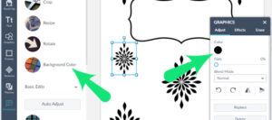 Screenshot of PicMonkey with arrows showing how to change the background color and graphic color.