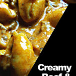 A close up picture of cooked delicious cheesy creamy beef and shells.