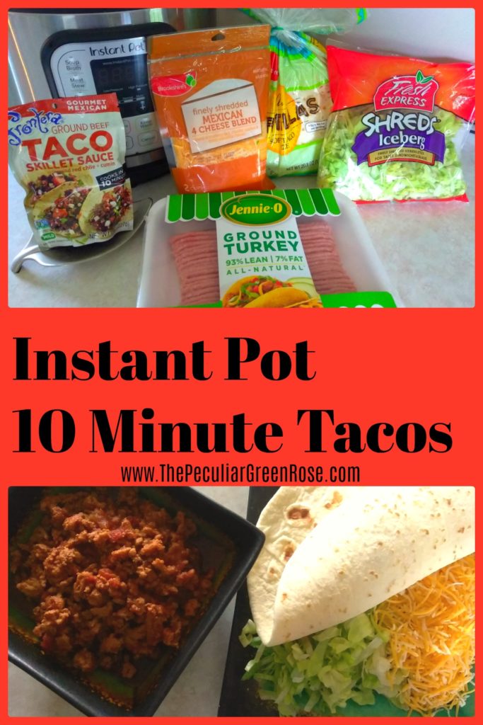 One picture of an Instant Pot with a package of uncooked ground turkey, Frontera Taco Sauce, and other taco fixings. Another picture of the cooked taco meat next to a plate of shredded lettuce, cheese and a tortilla.