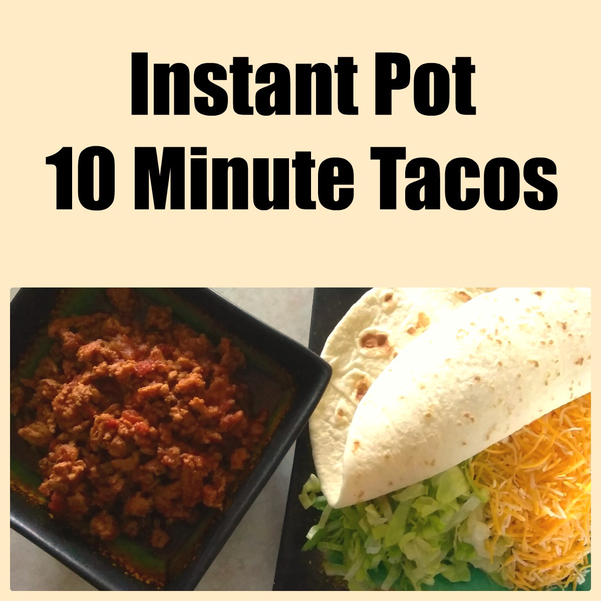 A bowl of prepared ground turkey for tacos. A plate of shredded lettuce, shredded cheese, and flour tortilla.