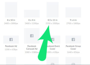 Screenshot of PicMonkey showing where to pick size of canvas 8 1/2 x 11.