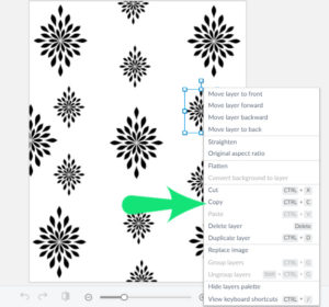 Screenshot of PicMonkey with arrows showing how to copy and paste smaller graphics to fill where you deleted the label.