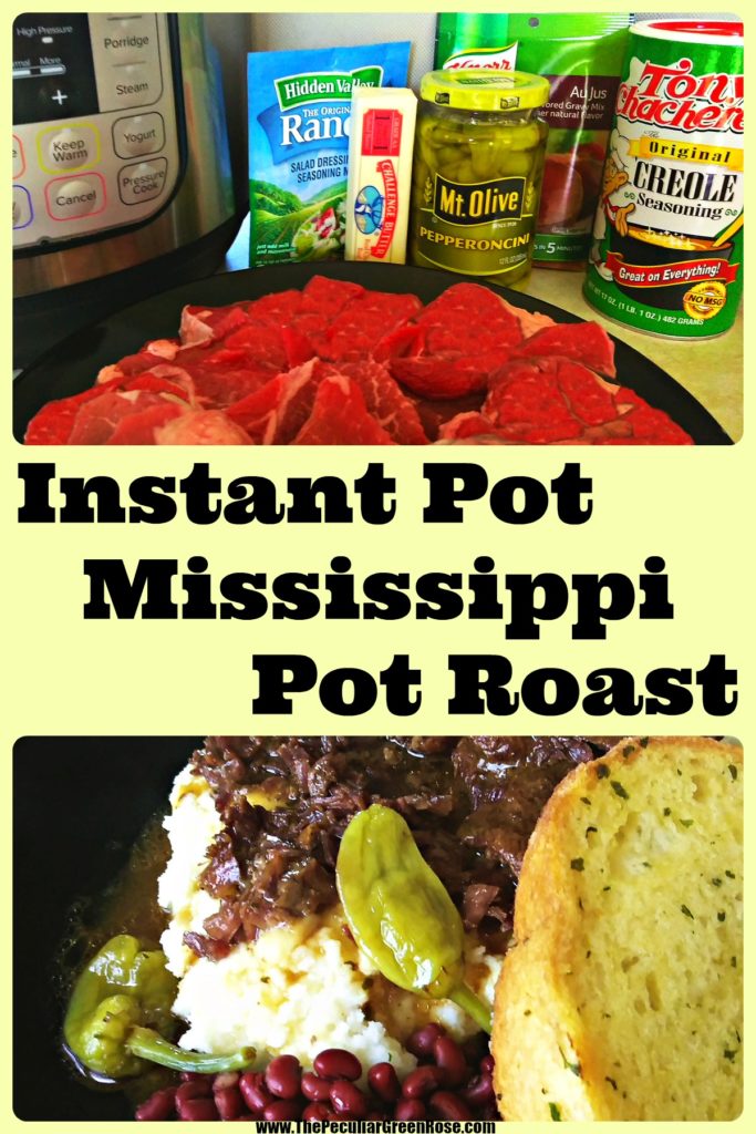 Ingredients to make Instant Pot Mississippi Pot Roast. Another picture of cooked roast on mashed potatoes and gravy, and garlic bread.