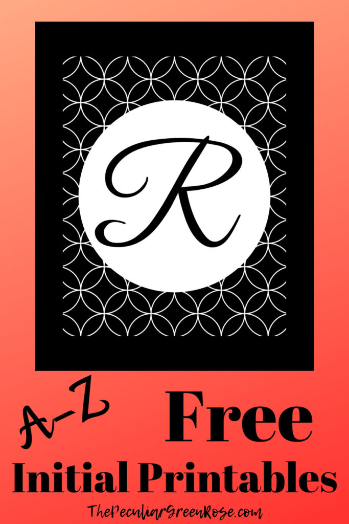 Capital R in cursive on a white circle with a black and white pattern design in the background.