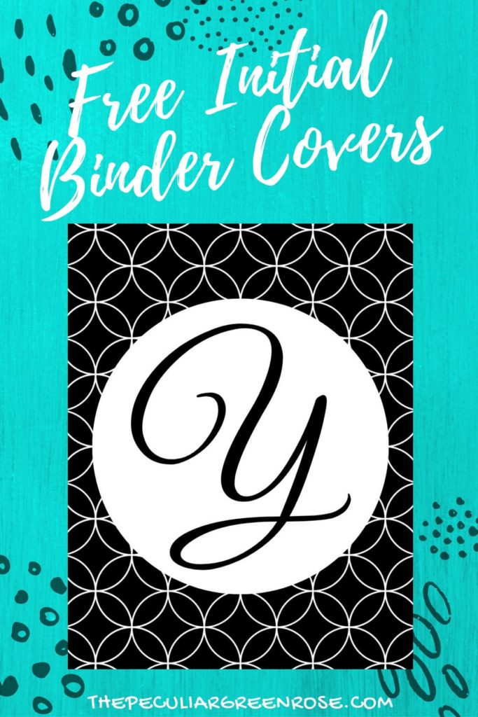 A black and white binder cover with a cursive letter Y on a white circle with black and white circular pattern in the background.