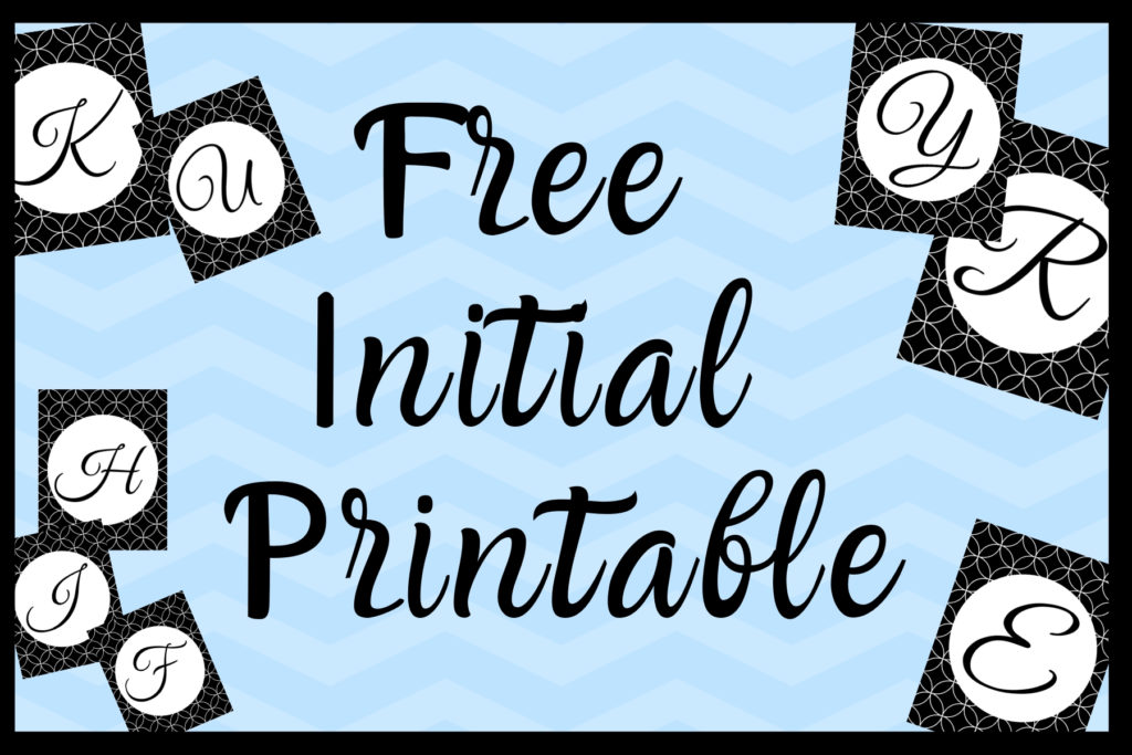 Free initial printables in black cursive writing in a white circle and a black and white patter design in the background.