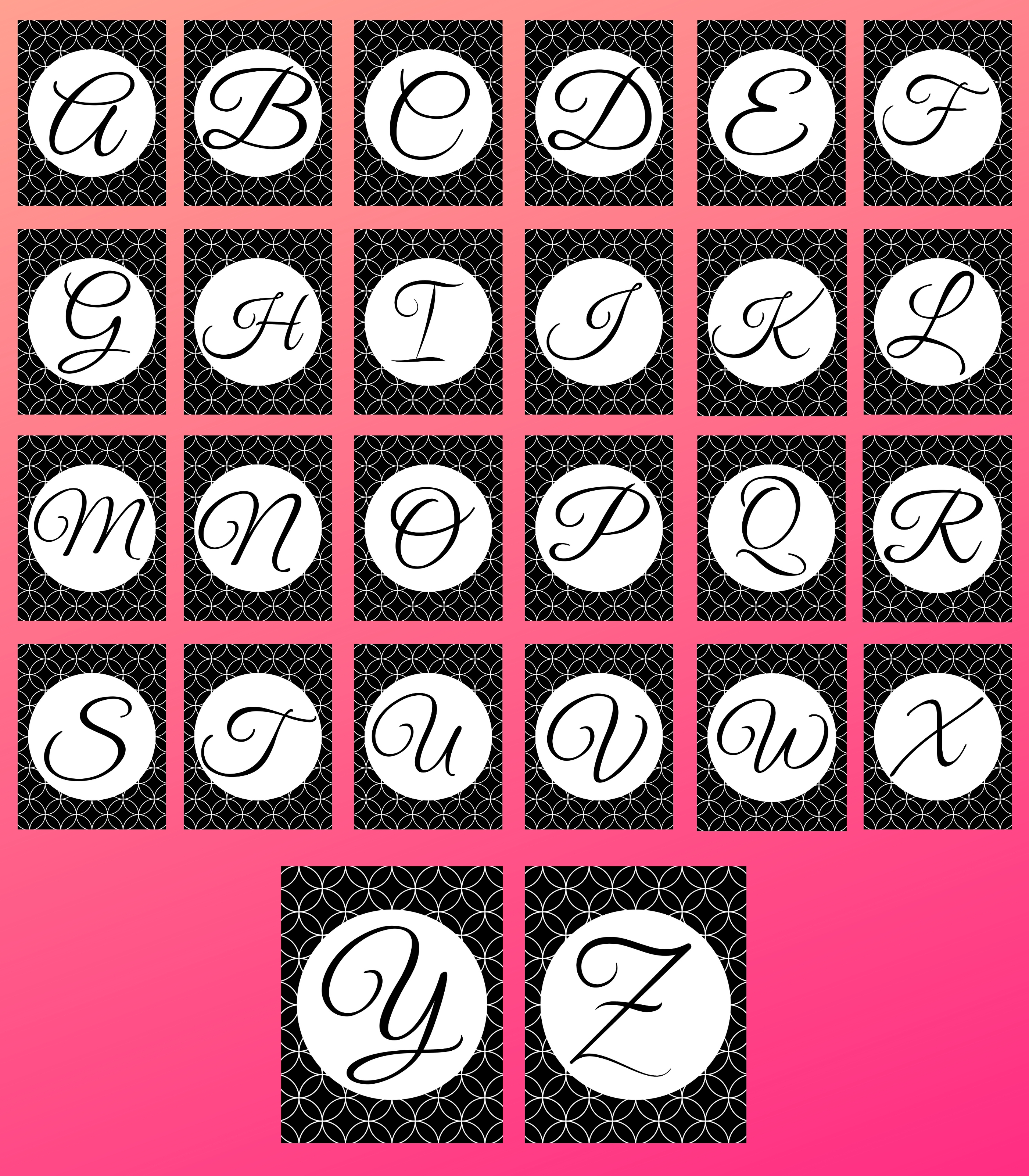 Initial printables in black cursive lettering on a white circle with a white an black pattern design in the background.