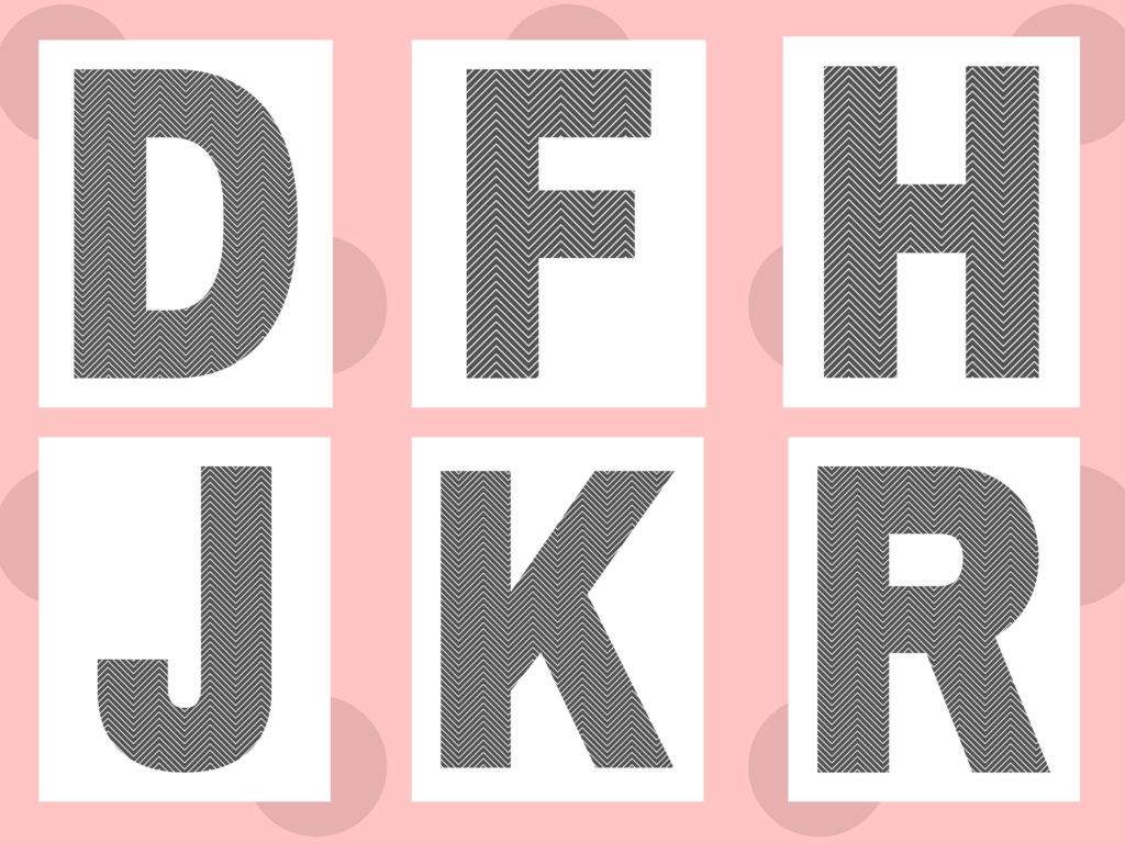 Letters D, F, H, J, K, and R in gray and white chevron pattern.