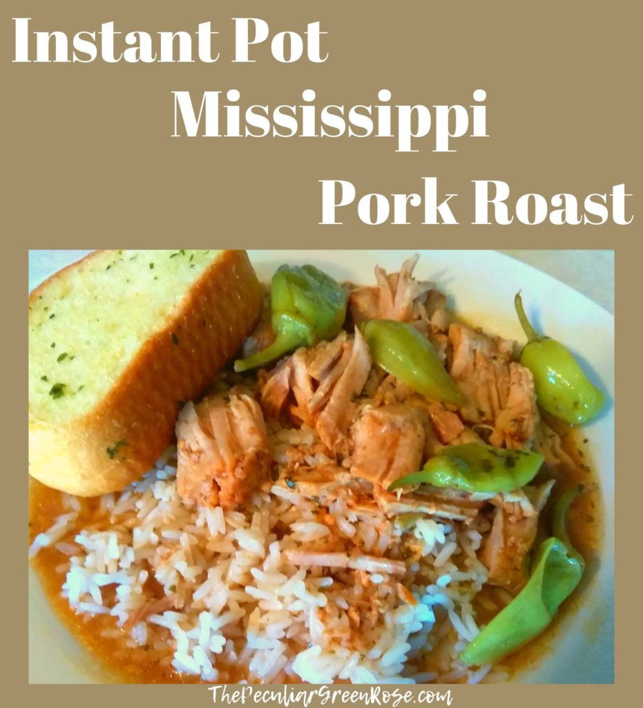 A white plate with instant pot mississippi pork roast in gravy over a bed of rice with a garlic bread.