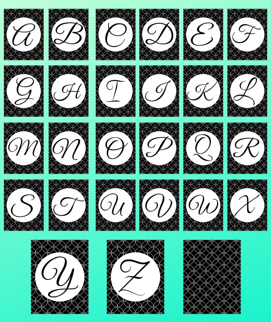 A - Z binder covers in black and white cursive initials with a black and white circle design in the background.