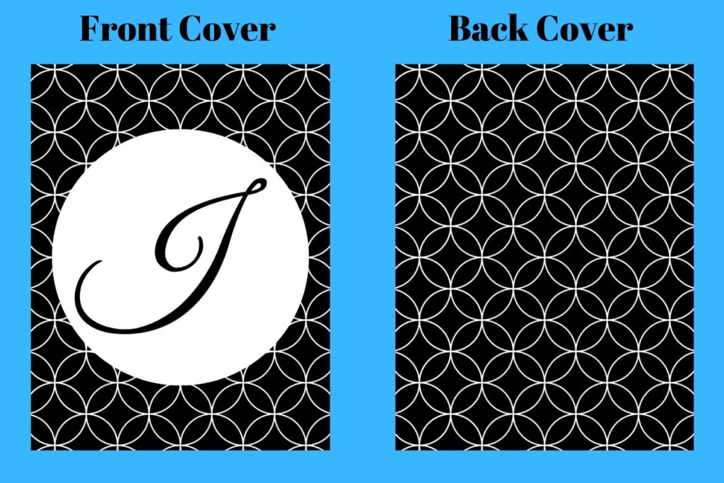 A binder cover in black and white overlapping circle design with a cursive J for the front cover and a back cover with just the black and white circle design.