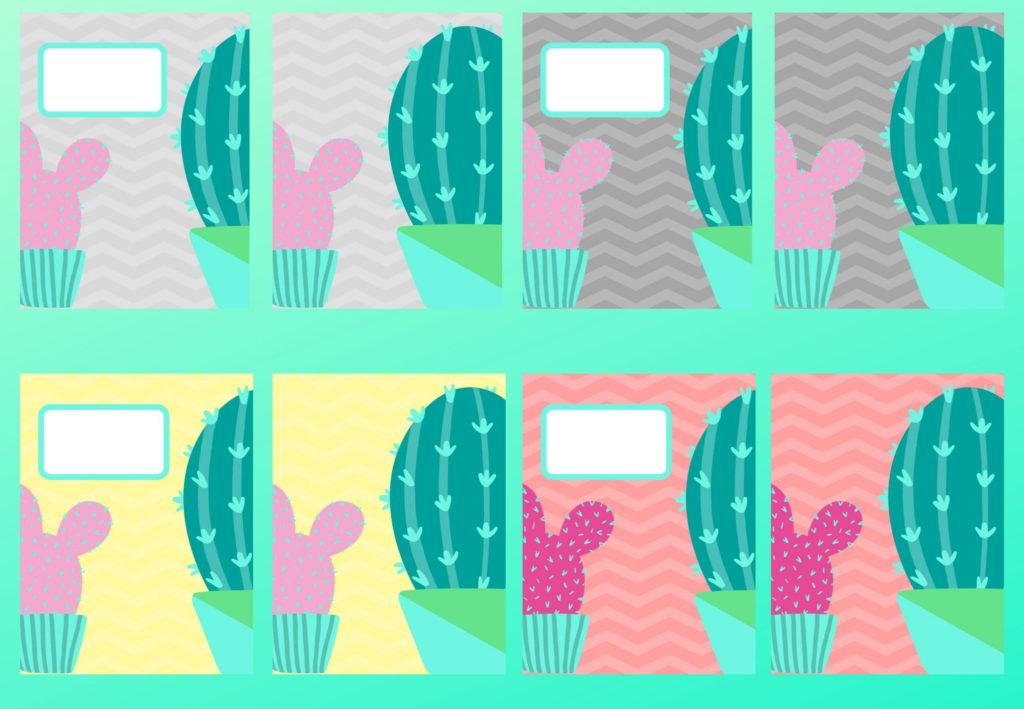 4 different cactus binder covers with two large cactuses on each with a zig zag pattern in the background.