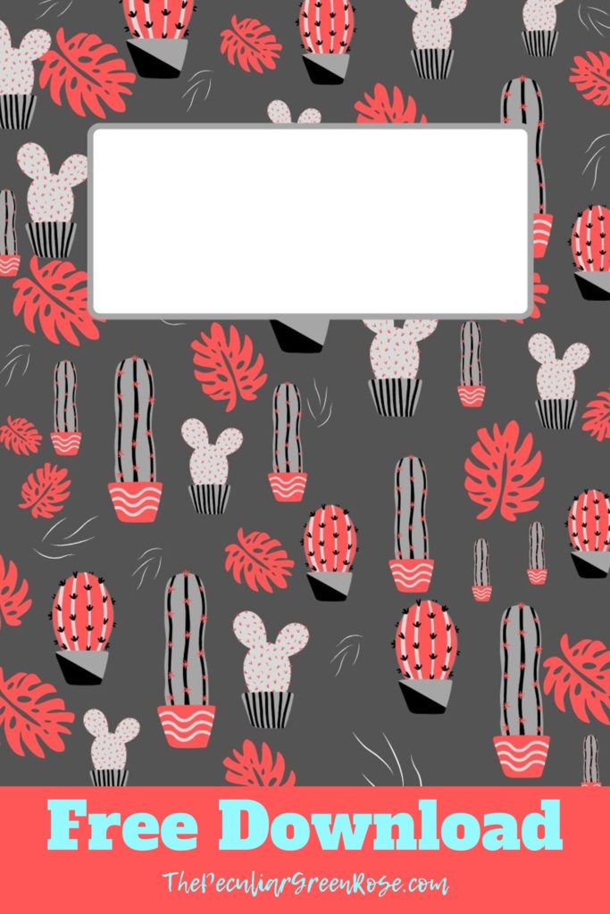 A dark grey binder cover with different black and grey cactus designs on it and a bright red/pink color.