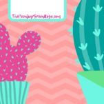 A light pink zig zag design binder cover with a dark pink cactus in a aqua stripe pot on the left side. Also a green two tone stripe cactus in a green pot on the right side.