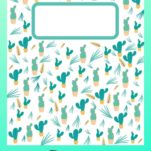 A white binder cover with different green and yellow small cactus plants.