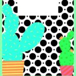 Black and white polka dot binder cover with a large aqua cactus plant in an orange and pink striped pot on the left side. Also a purple cactus plant in a pink and blue striped pot on the right side.
