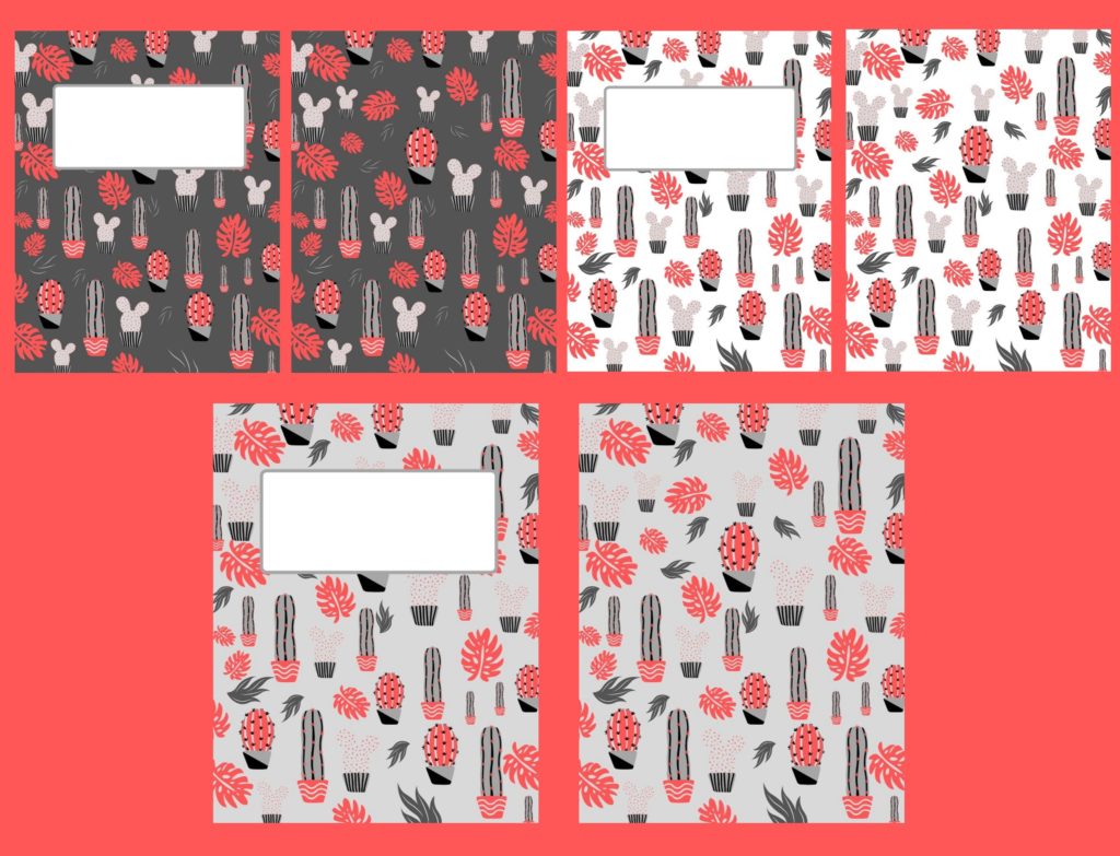 3 Cactus design binder covers with different greys, black and a bright pink/red color.