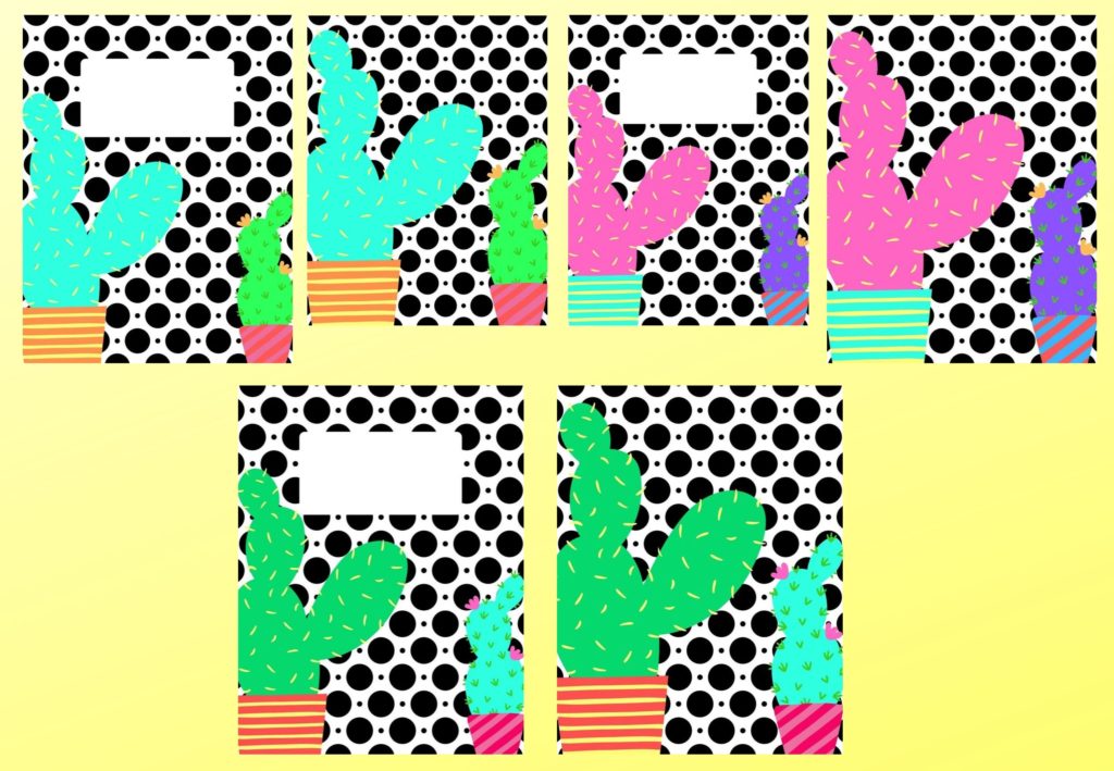 3 black and white polka dot binder covers with 2 cactus plants in bright, bold colors of green, aqua, pink, and purple binder covers.
