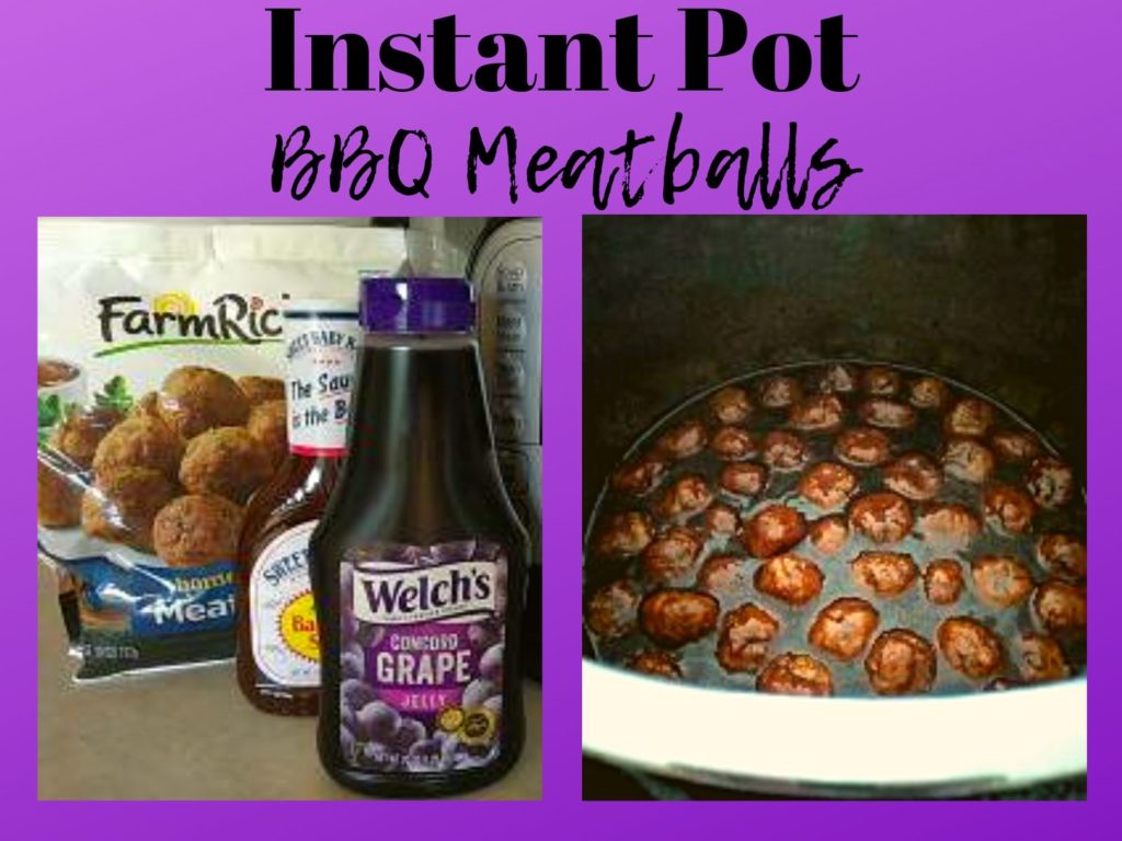 A bag of frozen meatballs, Bottle of Sweet Baby Rays BBQ Sauce, and bottle of Welchs Grape Jelly. Also a picture of the inside of an Instant Pot with cooked bbq meatballs.