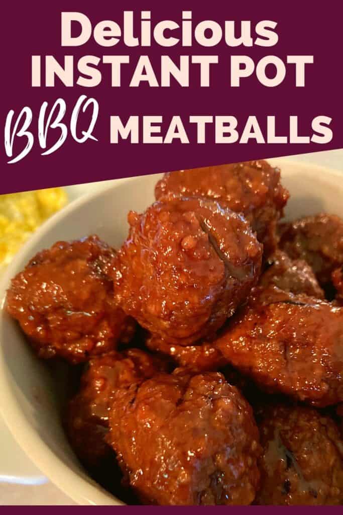 Instant Pot BBQ Meatballs in a white bowl on a counter next to potato salad.