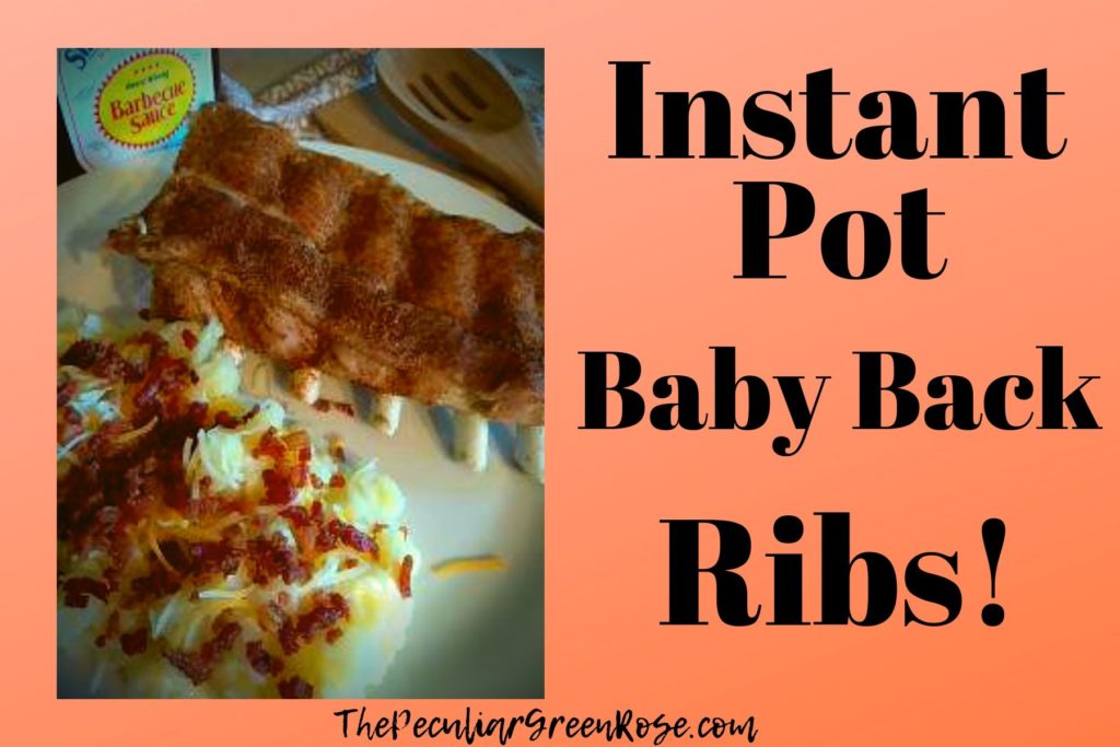 A white plate with dry rub seasoned baby back ribs and baked potatoe with cheese and bacon bits.