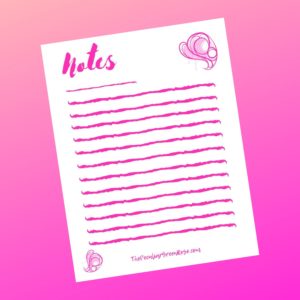 Pink and white printable notes page template with a pink leaf design.