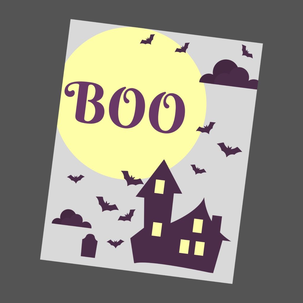 Two tone purple halloween printable that says BOO with a bat and spooky house.