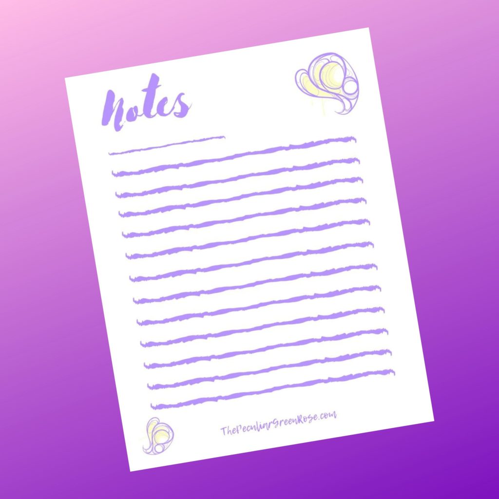 Purple and white notes page with a purple leaf design.