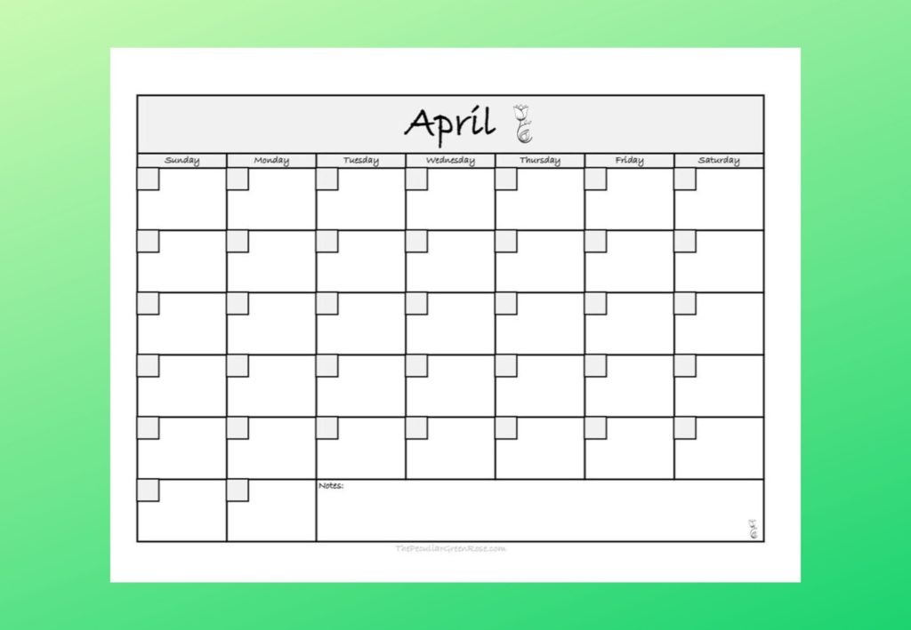 An april black and white calendar printable pdf.