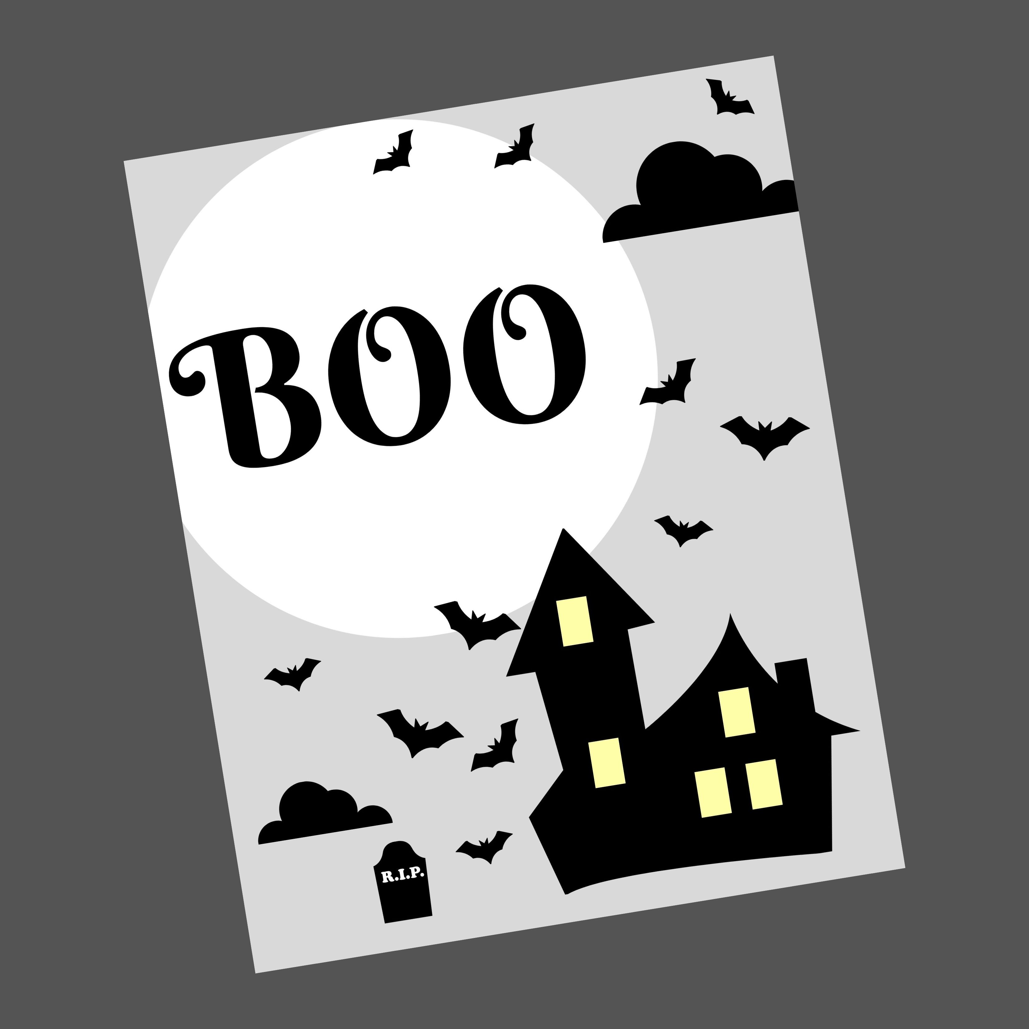 Black and white BOO halloween printable with bats and a spooky house.