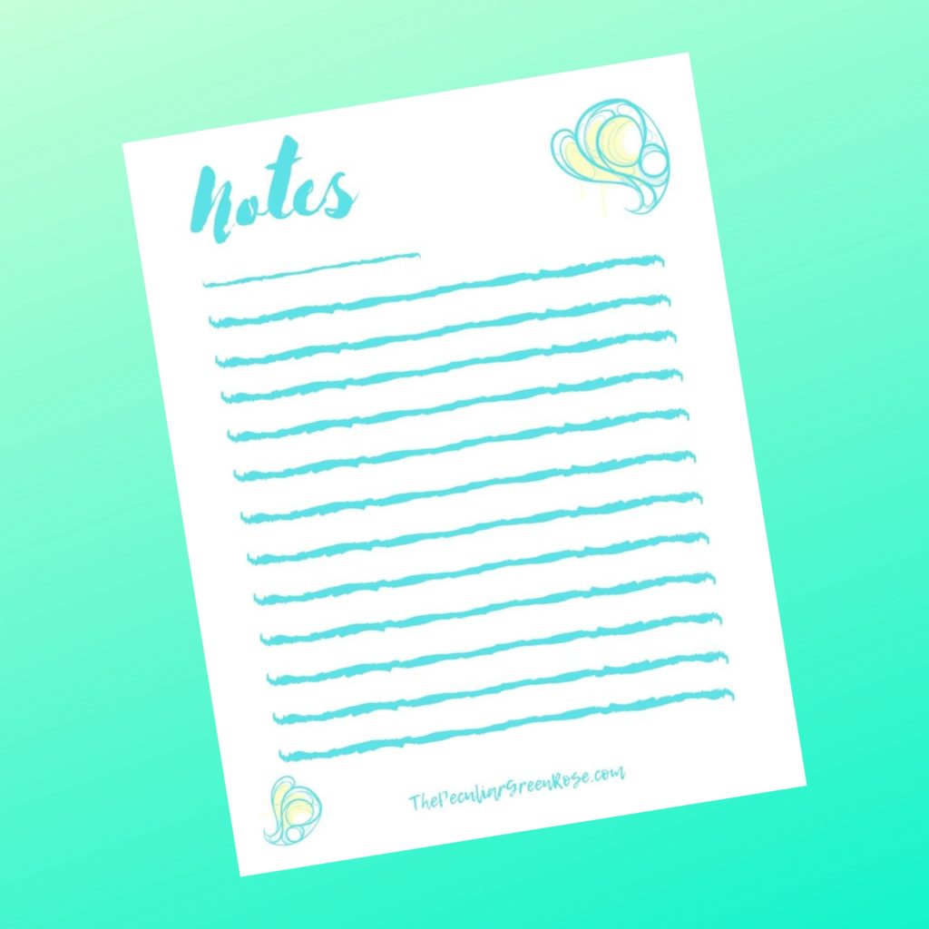 Light blue and yellow notes page with a leaf design.