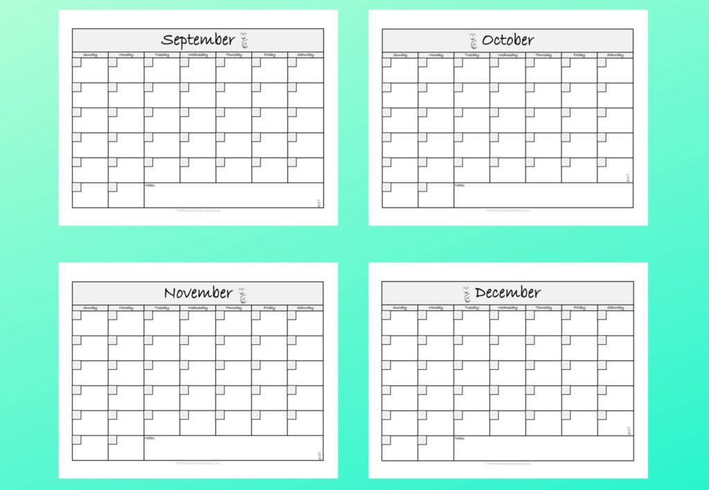 A september, october, november, and december black and white calendar printable pdf.