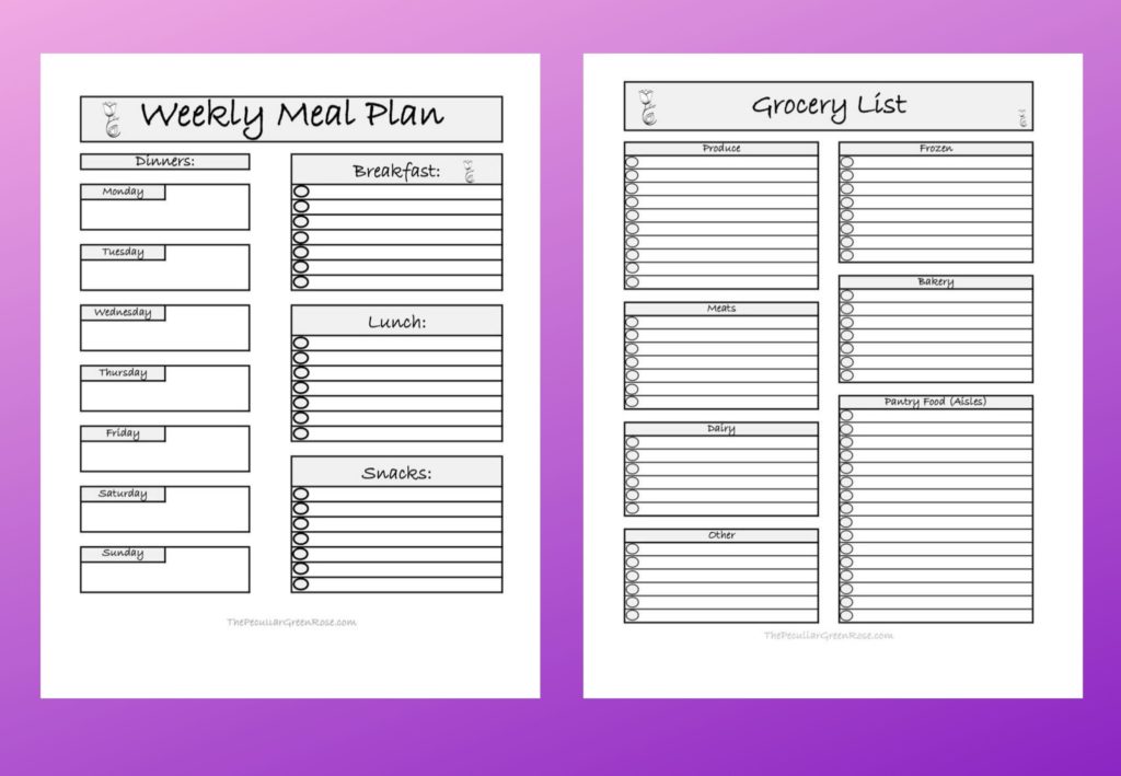 Black and white weekly meal plan and grocery printable pdf.