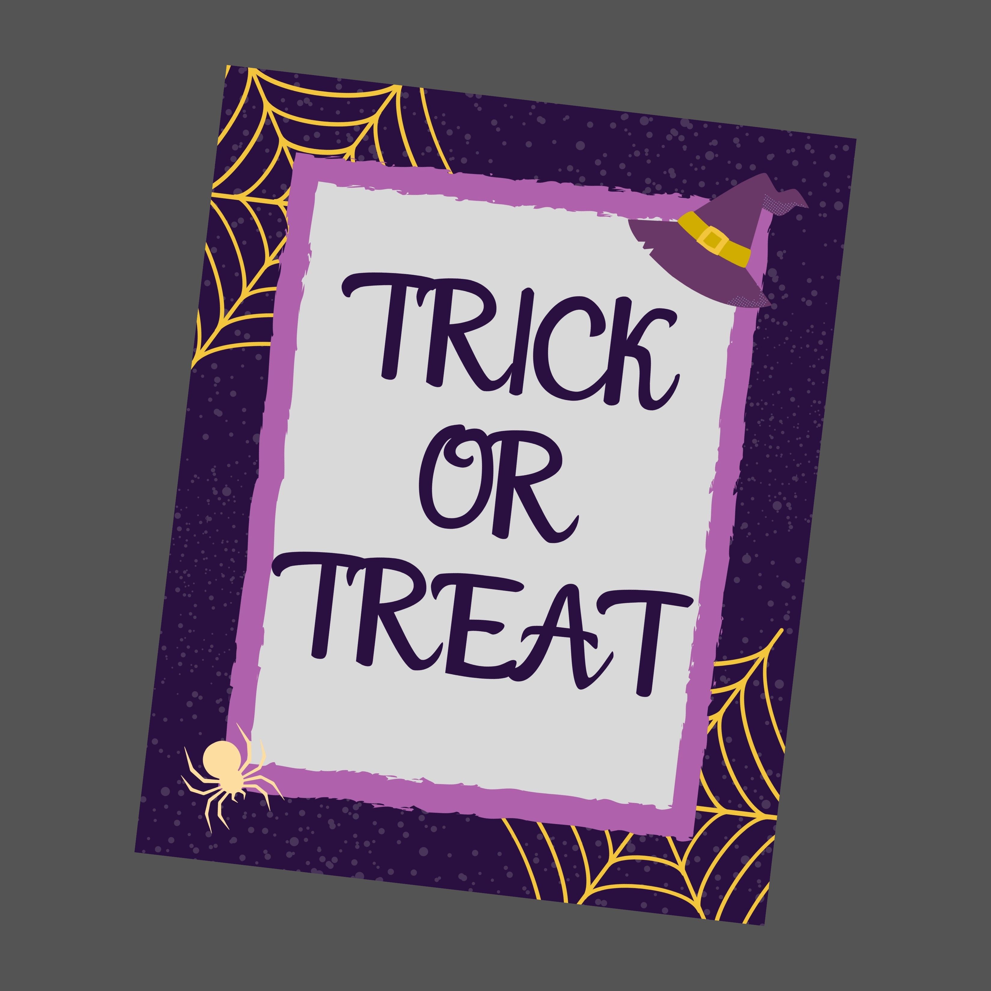 A purple trick or treat printable with yellow spiderwebs.