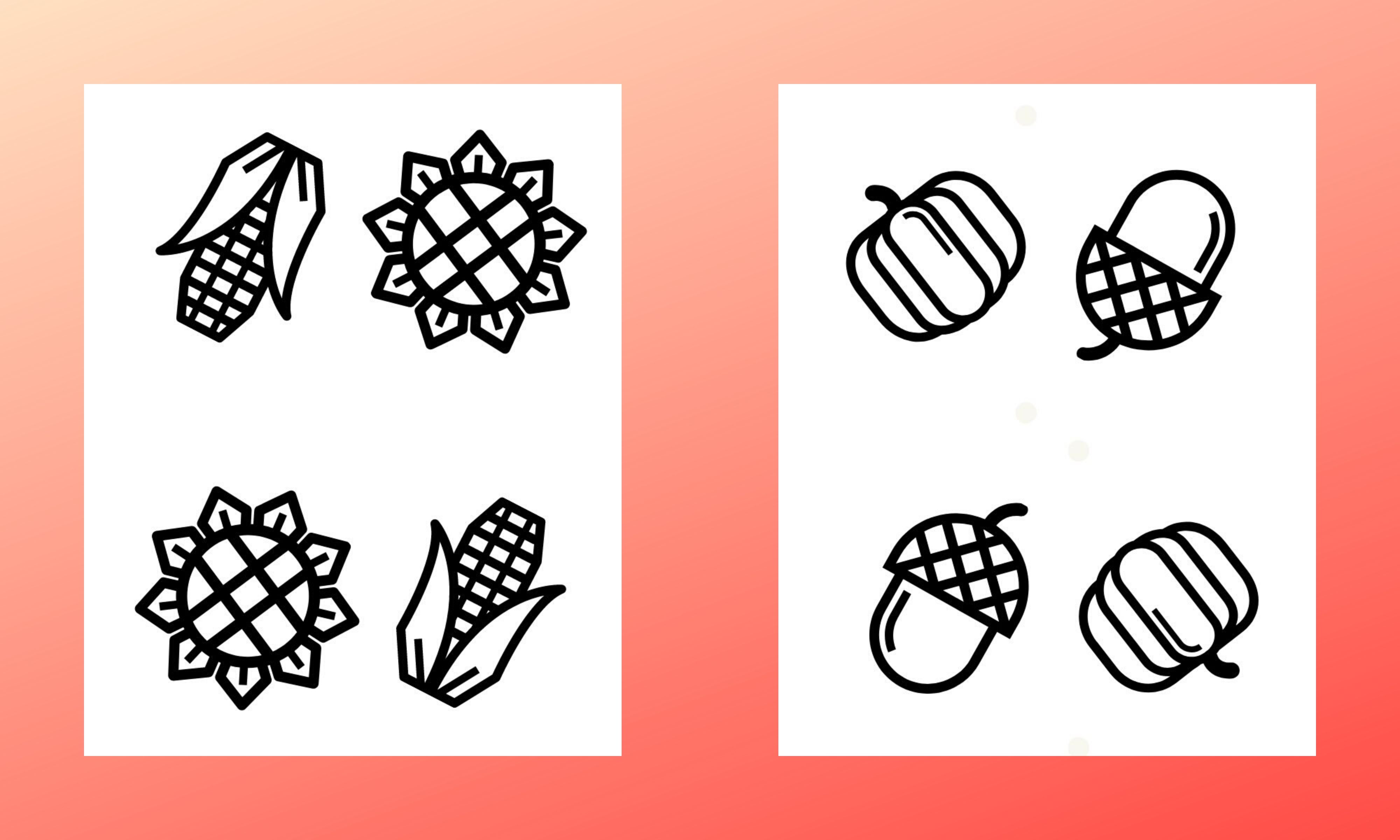 Black and white templates of an acorn, flower, pumpkin, and a corn.