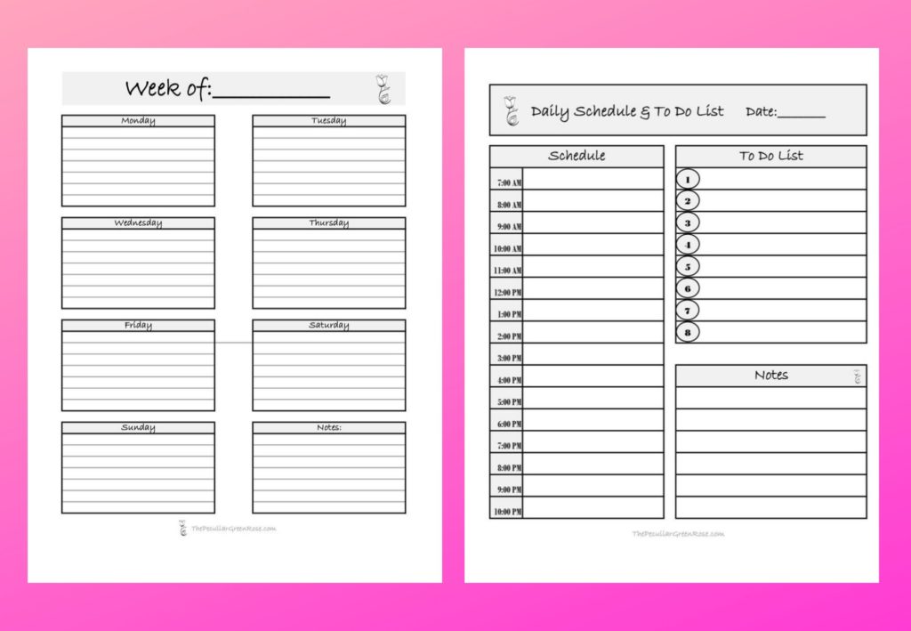 2 black and white planner printables. One with the days of the week and one with an hourly schedule for one day.