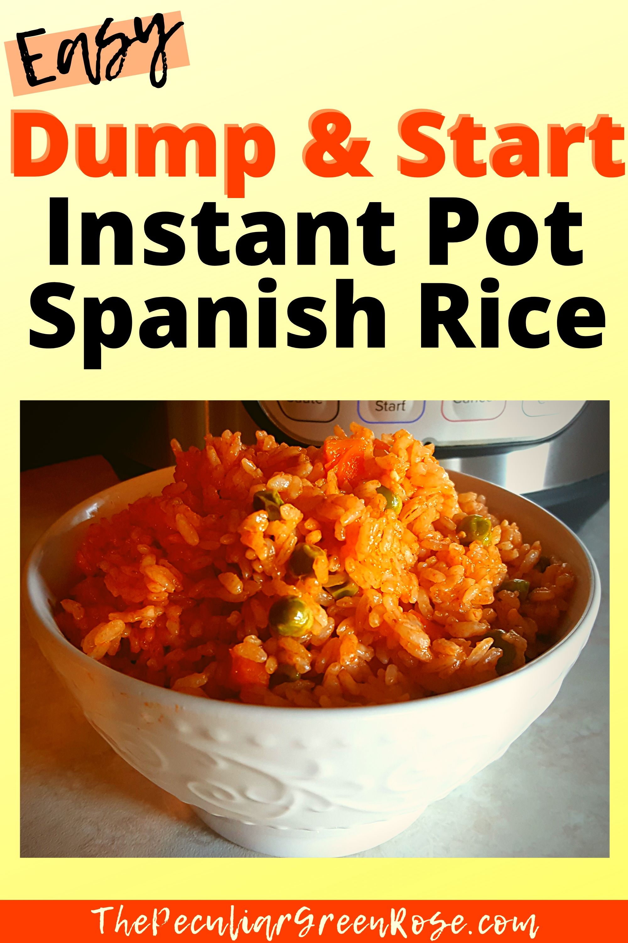 A white bowl filled with mexican rice with peas and carrots sitting in front of an Instant Pot.