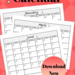 A January, April, and June printable monthly calendar.