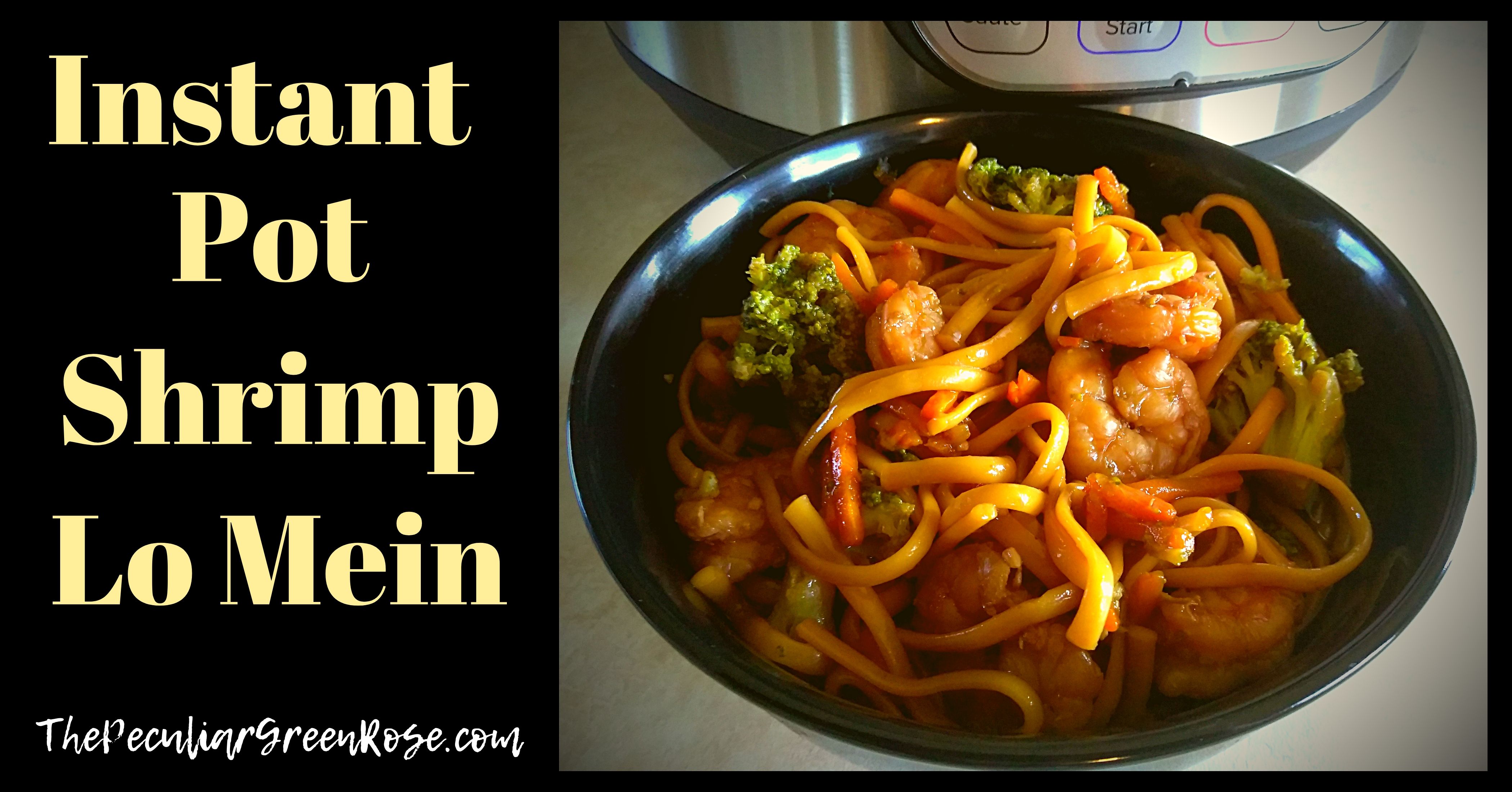 Black bowl filled with shrimp and broccoli lomein with an instant pot in the background.