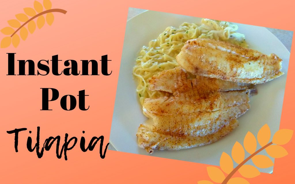 A white plate with angel hair noodles topped with seasoned tilapia fillets.