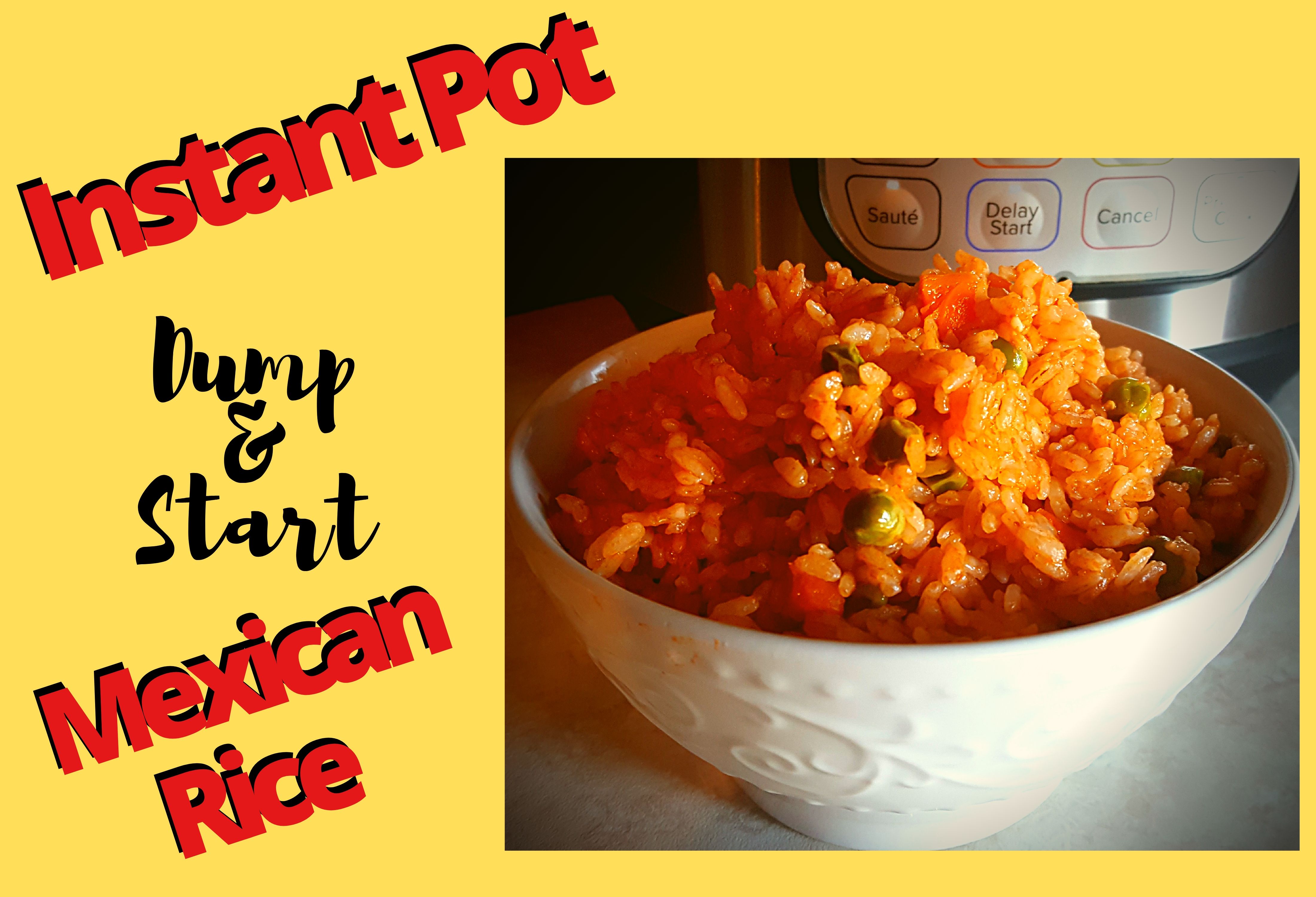 A white bowl filled with mexican rice with peas and carrots sitting in front of an Instant Pot.