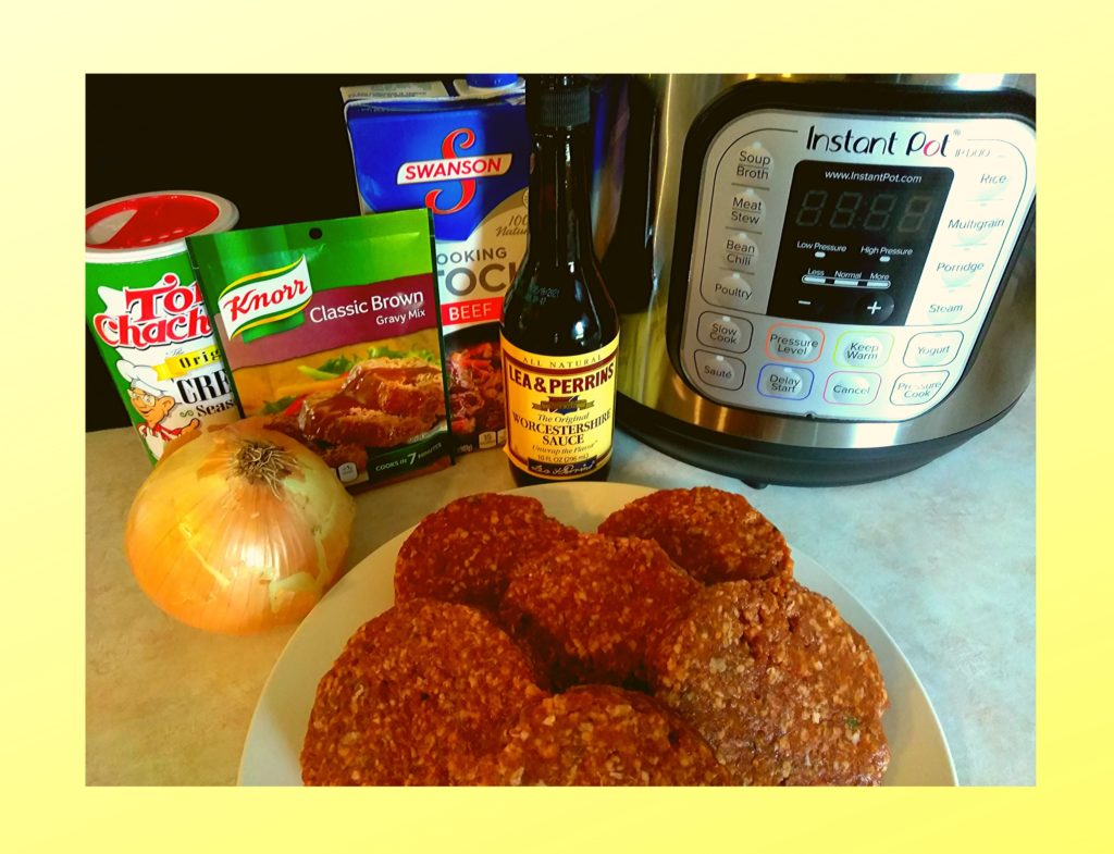 An instant pot, worcestershire sauce, beef stock, a packet of brown gravy, tony chacheres, an onion, and a plate of raw hamburger patties.